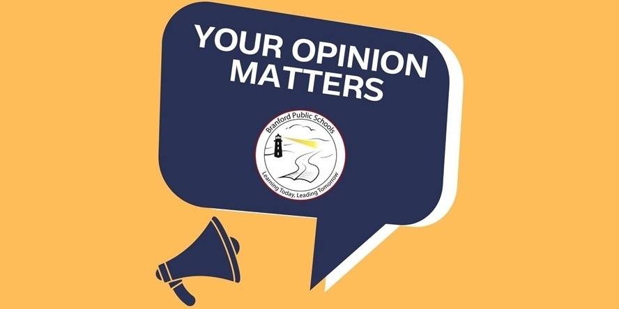 blue "your opinion matters" speech bubble on gold background