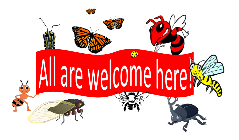 Hornet and cartoon insect friends holding red banner with white letters that say All are welcome here!